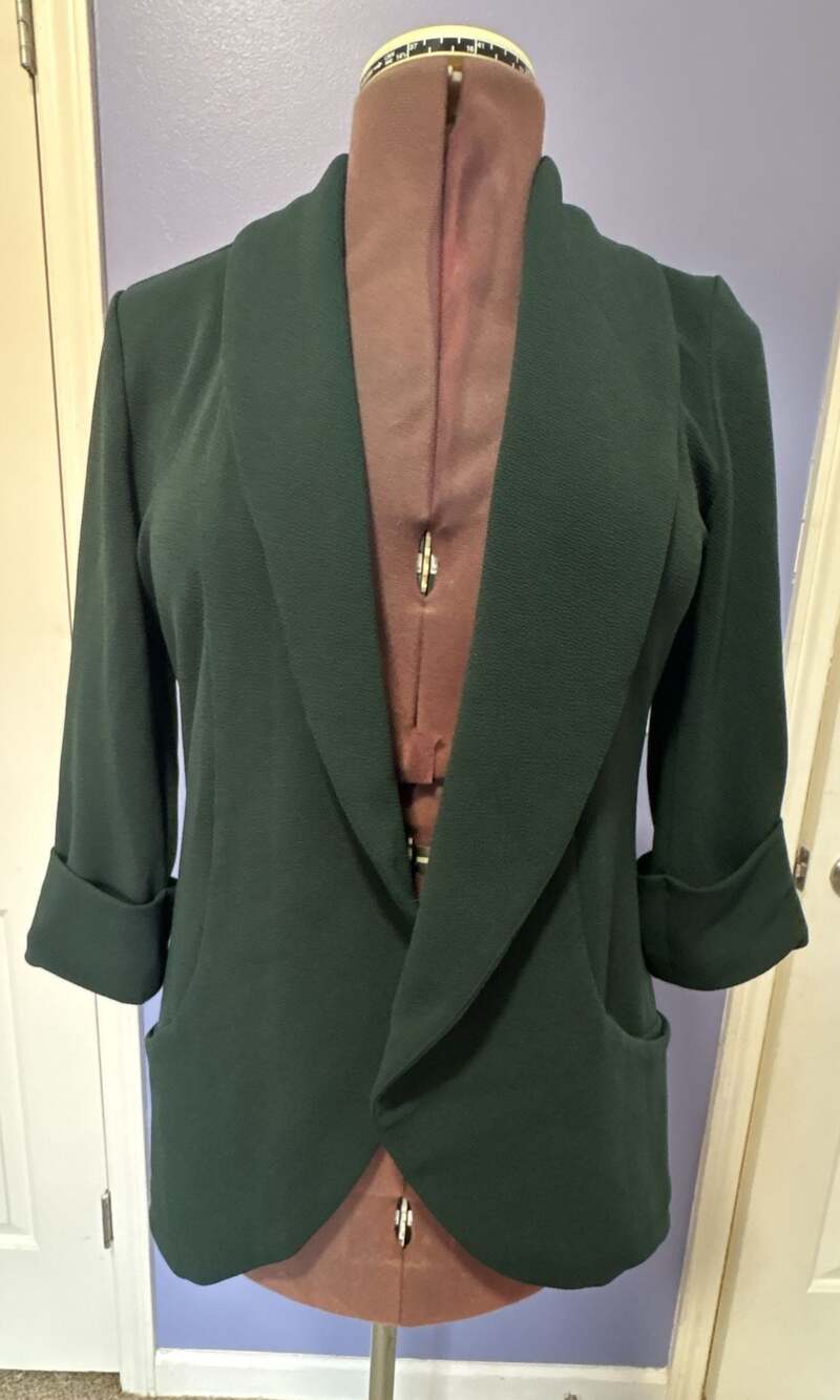 French Mauve Dark Green Shawl Lapel 3/4 Sleeve Open Front Blazer Jacket with Poc